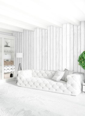 Beyaz yatak odası en az stil iç tasarım ahşap duvar ve gri Kanepeli. 3D render. 3D çizim