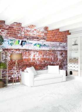 Beyaz yatak odası en az stil iç tasarım ahşap duvar ve gri Kanepeli. 3D render. 3D çizim