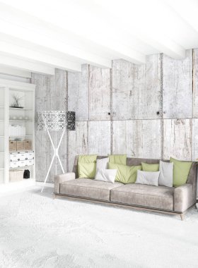 Beyaz yatak odası en az stil iç tasarım ahşap duvar ve gri Kanepeli. 3D render. 3D çizim