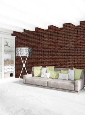 Beyaz yatak odası en az stil iç tasarım ahşap duvar ve gri Kanepeli. 3D render. 3D çizim