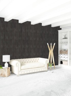 Beyaz yatak odası en az stil iç tasarım ahşap duvar ve gri Kanepeli. 3D render. 3D çizim