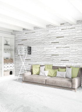 Beyaz yatak odası en az stil iç tasarım ahşap duvar ve gri Kanepeli. 3D render. 3D çizim