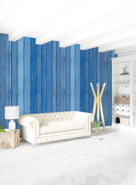 Beyaz yatak odası en az stil iç tasarım ahşap duvar ve gri Kanepeli. 3D render. 3D çizim