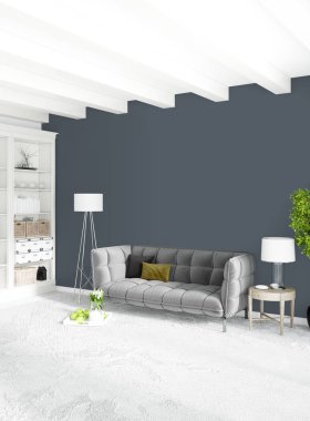 Beyaz yatak odası en az stil iç tasarım ahşap duvar ve gri Kanepeli. 3D render. 3D çizim