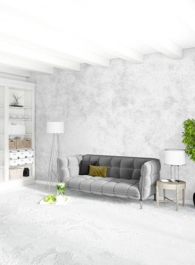 Beyaz yatak odası en az stil iç tasarım ahşap duvar ve gri Kanepeli. 3D render. 3D çizim