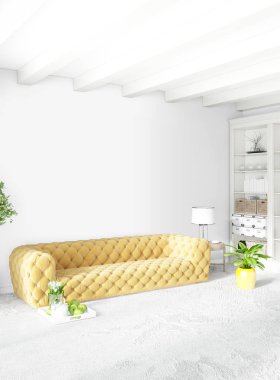 Beyaz yatak odası en az stil iç tasarım ahşap duvar ve gri Kanepeli. 3D render. 3D çizim