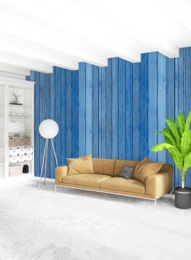 Beyaz yatak odası en az stil iç tasarım ahşap duvar ve gri Kanepeli. 3D render. 3D çizim