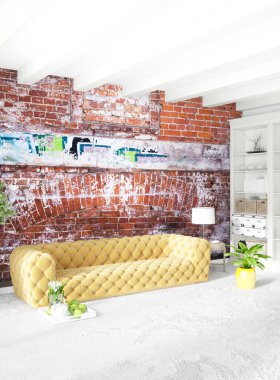 Beyaz yatak odası en az stil iç tasarım ahşap duvar ve gri Kanepeli. 3D render. 3D çizim