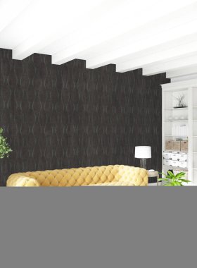 Beyaz yatak odası en az stil iç tasarım ahşap duvar ve gri Kanepeli. 3D render. 3D çizim