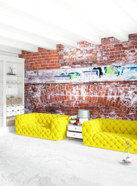 Beyaz yatak odası en az stil iç tasarım ahşap duvar ve gri Kanepeli. 3D render. 3D çizim