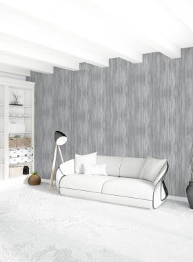 Beyaz yatak odası en az stil iç tasarım ahşap duvar ve gri Kanepeli. 3D render. 3D çizim