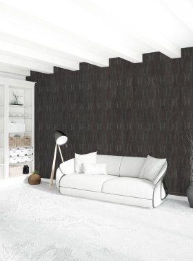 Beyaz yatak odası en az stil iç tasarım ahşap duvar ve gri Kanepeli. 3D render. 3D çizim