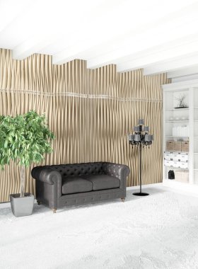 Beyaz yatak odası en az stil iç tasarım ahşap duvar ve gri Kanepeli. 3D render. 3D çizim