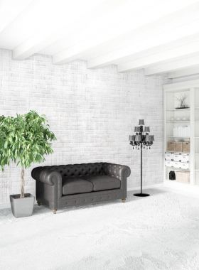 Beyaz yatak odası en az stil iç tasarım ahşap duvar ve gri Kanepeli. 3D render. 3D çizim