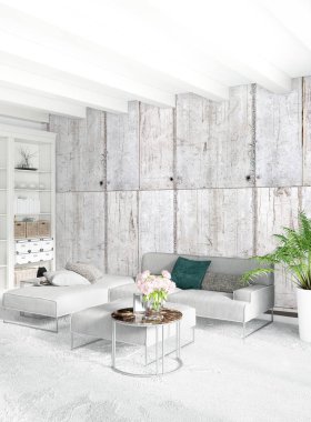 Beyaz yatak odası en az stil iç tasarım ahşap duvar ve gri Kanepeli. 3D render. 3D çizim