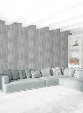 Beyaz yatak odası en az stil iç tasarım ahşap duvar ve gri Kanepeli. 3D render. 3D çizim