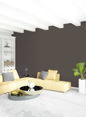 Beyaz yatak odası en az stil iç tasarım ahşap duvar ve gri Kanepeli. 3D render. 3D çizim