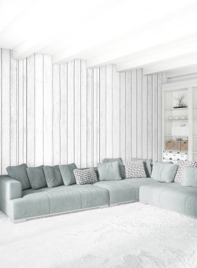 Beyaz yatak odası en az stil iç tasarım ahşap duvar ve gri Kanepeli. 3D render. 3D çizim