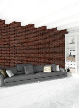 Beyaz yatak odası en az stil iç tasarım ahşap duvar ve gri Kanepeli. 3D render. 3D çizim