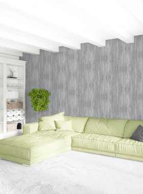 Beyaz yatak odası en az stil iç tasarım ahşap duvar ve gri Kanepeli. 3D render. 3D çizim