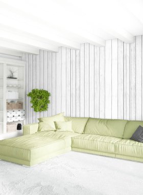 Beyaz yatak odası en az stil iç tasarım ahşap duvar ve gri Kanepeli. 3D render. 3D çizim