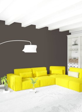 Beyaz yatak odası en az stil iç tasarım ahşap duvar ve gri Kanepeli. 3D render. 3D çizim