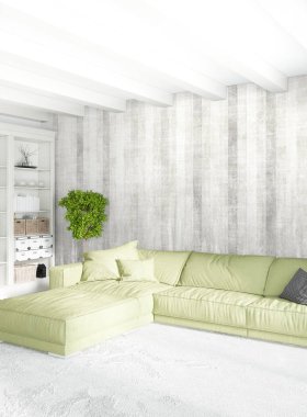 Beyaz yatak odası en az stil iç tasarım ahşap duvar ve gri Kanepeli. 3D render. 3D çizim