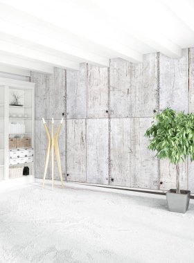 Beyaz yatak odası en az stil iç tasarım ahşap duvar ve gri Kanepeli. 3D render. 3D çizim