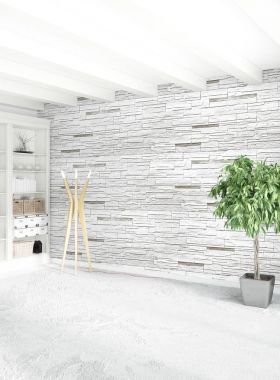 Beyaz yatak odası en az stil iç tasarım ahşap duvar ve gri Kanepeli. 3D render. 3D çizim