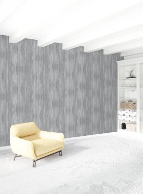 Beyaz yatak odası en az stil iç tasarım ahşap duvar ve gri Kanepeli. 3D render. 3D çizim