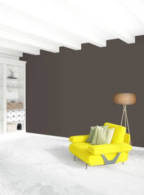 Beyaz yatak odası en az stil iç tasarım ahşap duvar ve gri Kanepeli. 3D render. 3D çizim