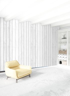 Beyaz yatak odası en az stil iç tasarım ahşap duvar ve gri Kanepeli. 3D render. 3D çizim