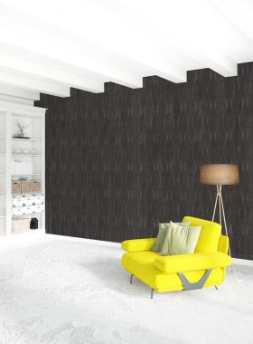 Beyaz yatak odası en az stil iç tasarım ahşap duvar ve gri Kanepeli. 3D render. 3D çizim