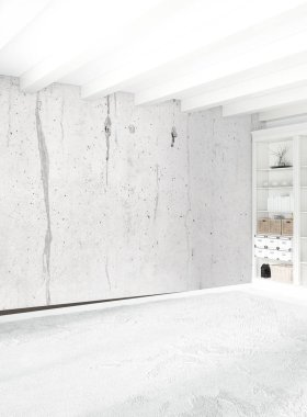 Beyaz yatak odası en az stil iç tasarım ahşap duvar ve gri Kanepeli. 3D render. 3D çizim