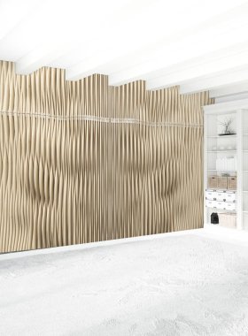 Beyaz yatak odası en az stil iç tasarım ahşap duvar ve gri Kanepeli. 3D render. 3D çizim