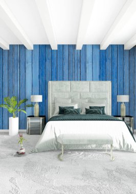 Beyaz yatak odası en az stil iç tasarım ahşap duvar ve gri Kanepeli. 3D render. 3D çizim