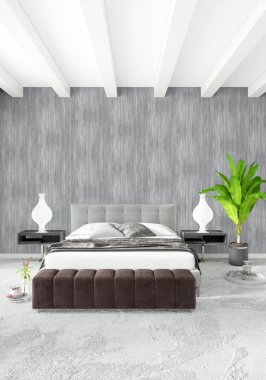 Beyaz yatak odası en az stil iç tasarım ahşap duvar ve gri Kanepeli. 3D render. 3D çizim