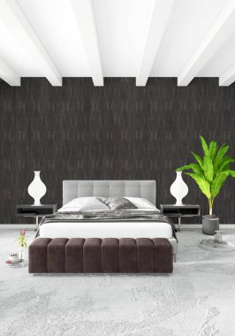 Beyaz yatak odası en az stil iç tasarım ahşap duvar ve gri Kanepeli. 3D render. 3D çizim