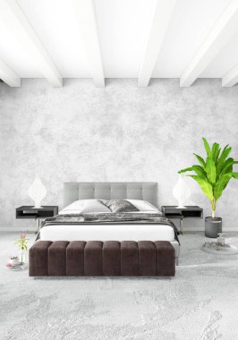 Beyaz yatak odası en az stil iç tasarım ahşap duvar ve gri Kanepeli. 3D render. 3D çizim