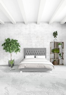 Beyaz yatak odası en az stil iç tasarım ahşap duvar ve gri Kanepeli. 3D render. 3D çizim