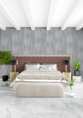 Beyaz yatak odası en az stil iç tasarım ahşap duvar ve gri Kanepeli. 3D render. 3D çizim