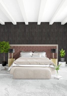 Beyaz yatak odası en az stil iç tasarım ahşap duvar ve gri Kanepeli. 3D render. 3D çizim