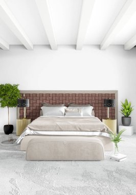 Beyaz yatak odası en az stil iç tasarım ahşap duvar ve gri Kanepeli. 3D render. 3D çizim