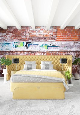 Beyaz yatak odası en az stil iç tasarım ahşap duvar ve gri Kanepeli. 3D render. 3D çizim