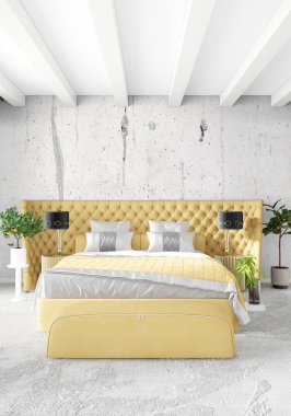 Beyaz yatak odası en az stil iç tasarım ahşap duvar ve gri Kanepeli. 3D render. 3D çizim