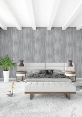 Beyaz yatak odası en az stil iç tasarım ahşap duvar ve gri Kanepeli. 3D render. 3D çizim
