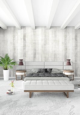Beyaz yatak odası en az stil iç tasarım ahşap duvar ve gri Kanepeli. 3D render. 3D çizim
