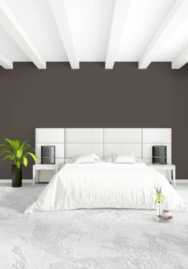 Beyaz yatak odası en az stil iç tasarım ahşap duvar ve gri Kanepeli. 3D render. 3D çizim