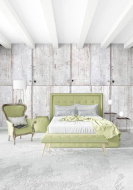 Beyaz yatak odası en az stil iç tasarım ahşap duvar ve gri Kanepeli. 3D render. 3D çizim