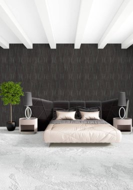 Beyaz yatak odası en az stil iç tasarım ahşap duvar ve gri Kanepeli. 3D render. 3D çizim